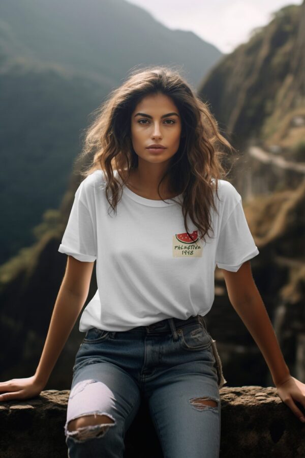 Palestine 1948 يومين وبنرجع  - White Unisex Cotton T-Shirt - Image 4